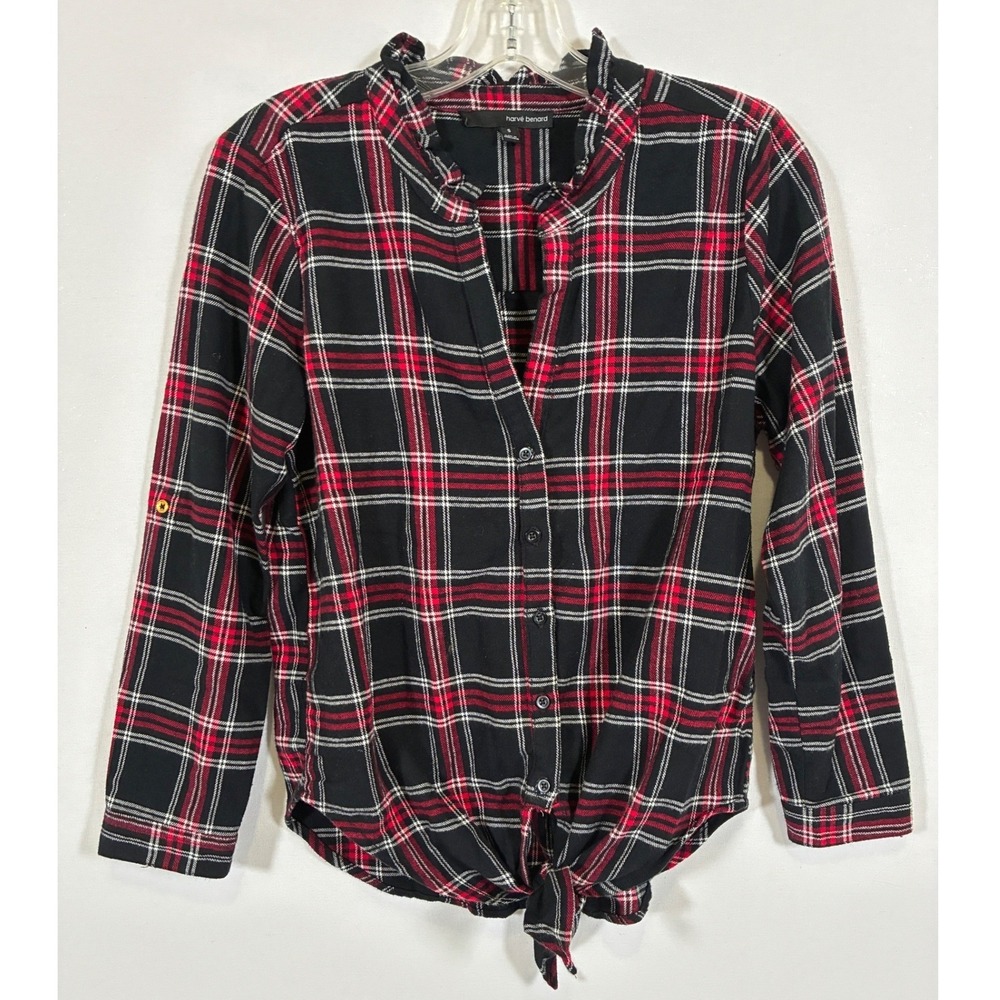 Harve Benard Womens S Red Black Plaid Tie Front Ruffle Collar Cotton Shirt
